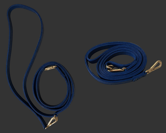 Our blue marine crossbody leash with gold-tone metal hardware, shown in two views 